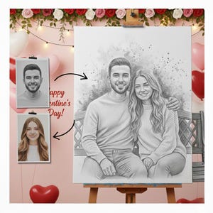 May include: A pencil sketch portrait of a couple sitting on a bench, displayed on an easel. The image is surrounded by Valentine's Day decorations, including balloons and floral arrangements. The text "Happy Valentine's Day!" is also present.