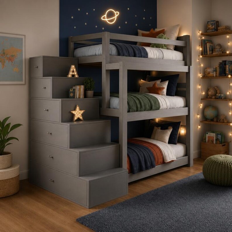 DIY DIY Triple Bunk Bed Plans PDF, 3 Tier Bunk Bed with Storage Stairs, Wooden Loft Bed Blueprint for Kids & Adults, Digital Download Woodworking Blueprint - Step-by-Step Plan thumbnail 5