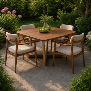 May include: A square wooden dining table with four matching chairs featuring light beige upholstered seats and curved backrests. The table surface holds a glass vase with green foliage and a small bowl containing several green apples.