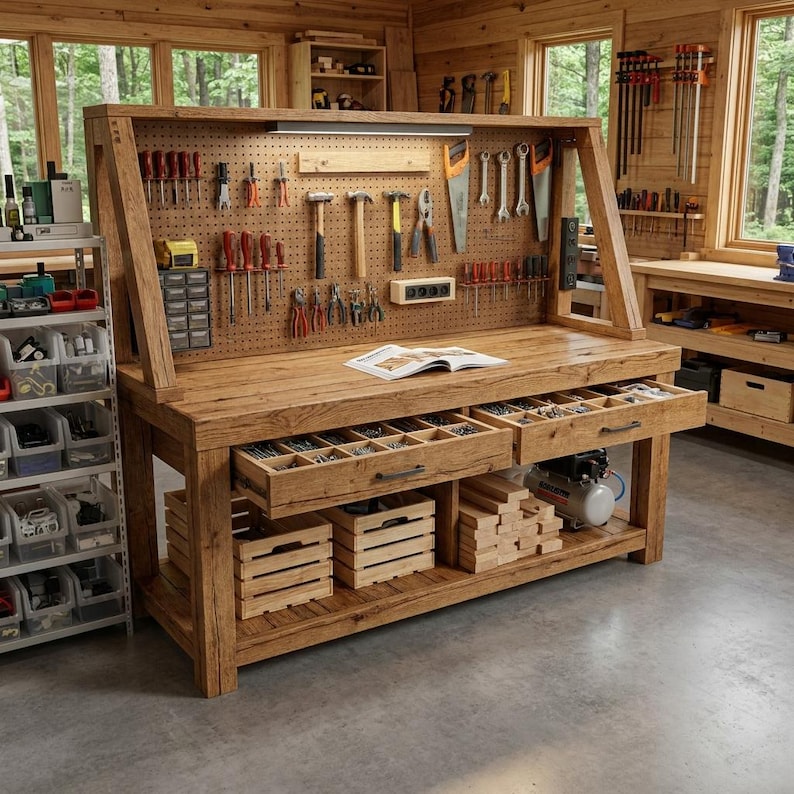 DIY DIY Workbench Plans | Mobile Heavy Duty Craft Table with Shelves, Pegboard (PDF Download) Woodworking Blueprint - Step-by-Step Plan thumbnail 1