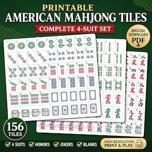 May include: Printable American Mahjong Tiles set. The image shows a complete 4-suit set with 156 tiles. The tiles are white with red, green, and blue symbols. The set includes honors, jokers, and blanks. Digital download PDF.
