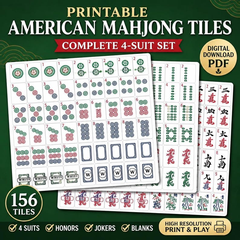 DIY Printable American Mahjong Tiles PDF | NMJL Practice Set Color & Black White | Digital Mah Jongg Tile Download | Bulk Cut Woodworking Blueprint - Step-by-Step Plan thumbnail 1