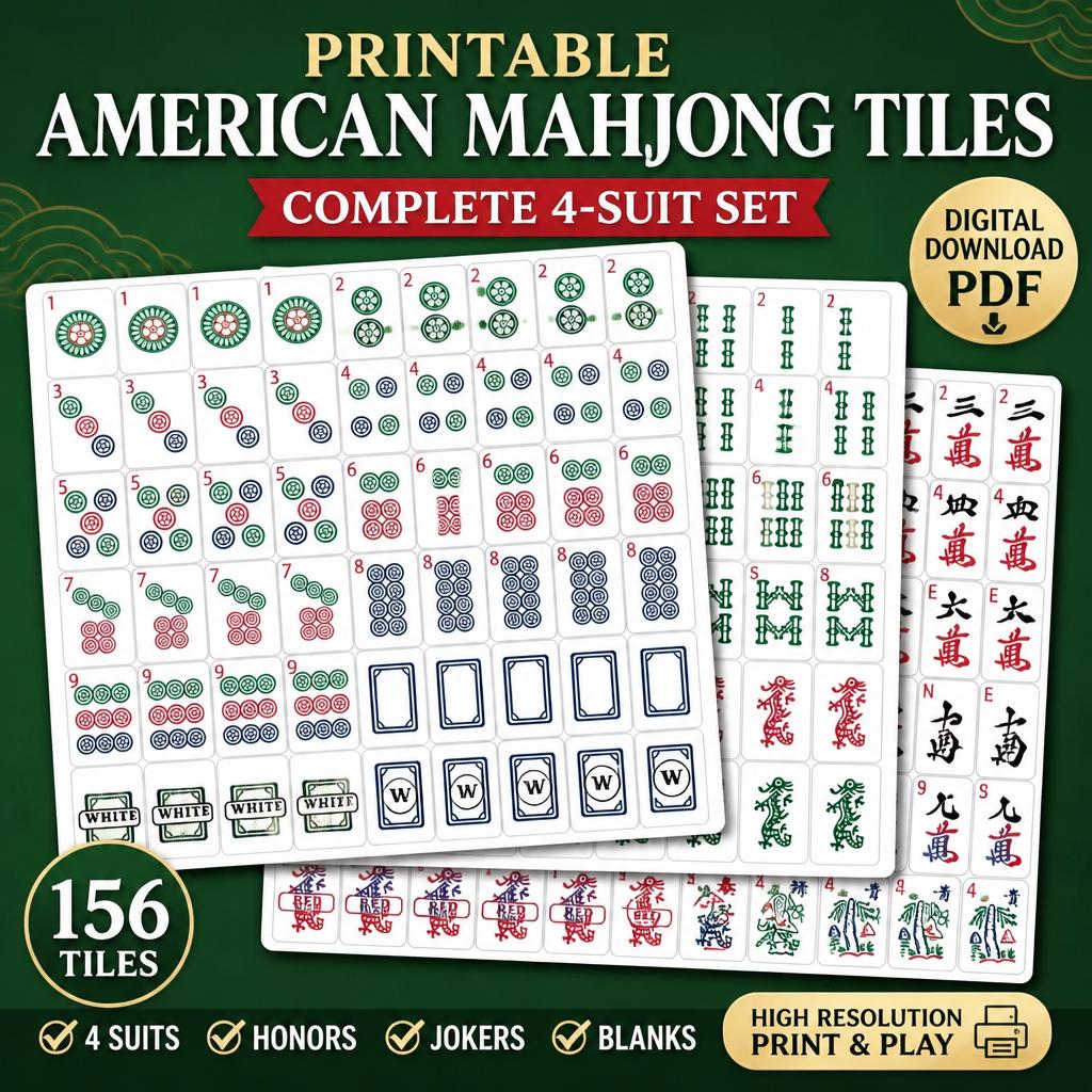Printable American Mahjong Tiles PDF | NMJL Practice Set Color & Black White | Digital Mah Jongg Tile Download | Bulk Cut