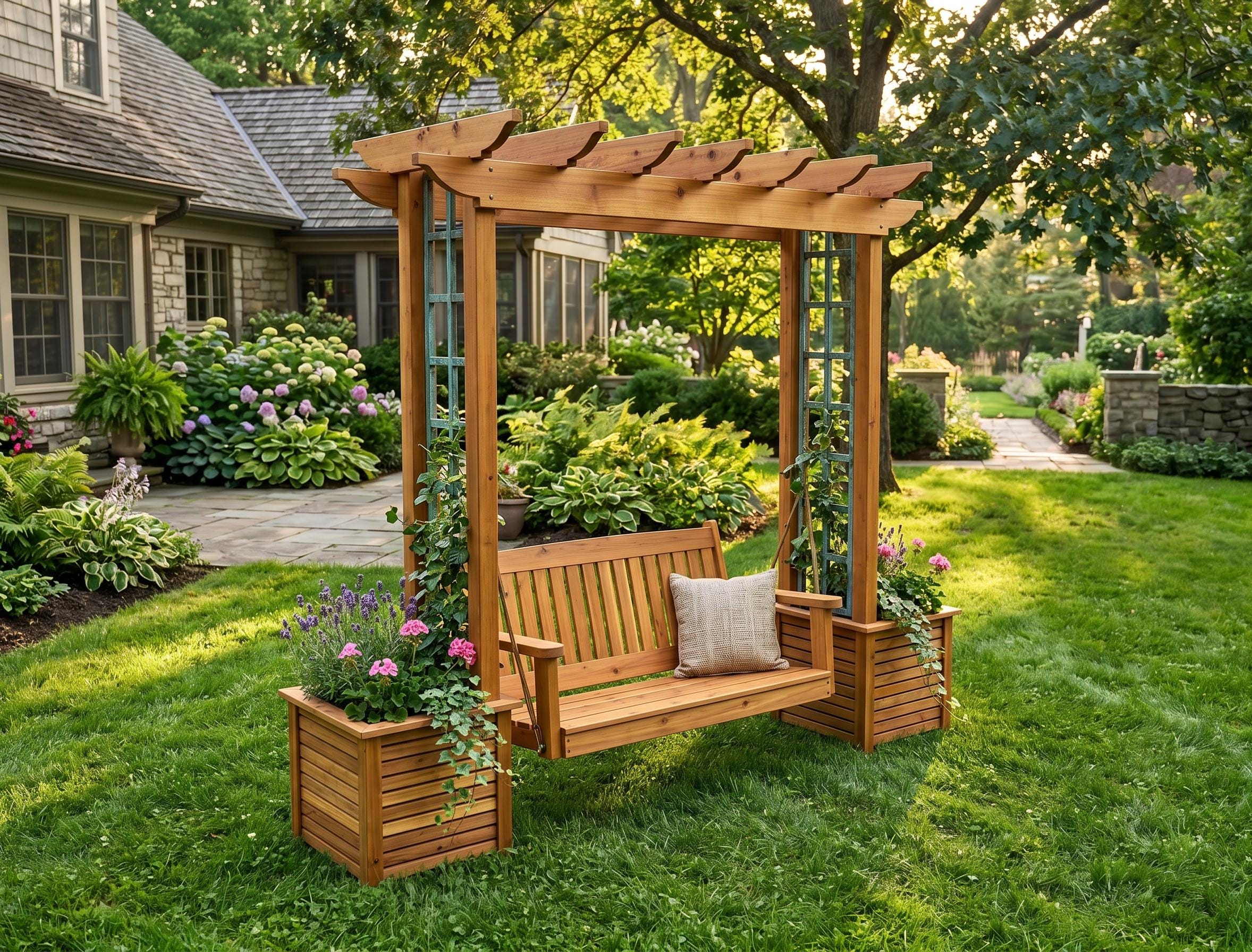 Arbor Swing Plans | Pergola Roof, A-Frame Freestanding (PDF Download) — 3D exploded assembly view