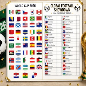 Pu&ograve; includere: Un poster rettangolare per il monitoraggio del torneo World Cup 2026 con il testo World Cup 2026 e Global Football Showdown. Il lato sinistro mostra una griglia di bandiere internazionali, mentre il destro elenca i paesi con bandiere e caselle.