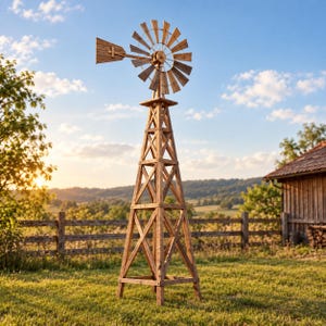 Peut inclure: Une grande structure de moulin à vent en bois autoportante, dotée d'une base en tour en treillis effilée et d'un grand assemblage de pales rotatives circulaires au sommet, avec une girouette directionnelle s'étendant horizontalement.