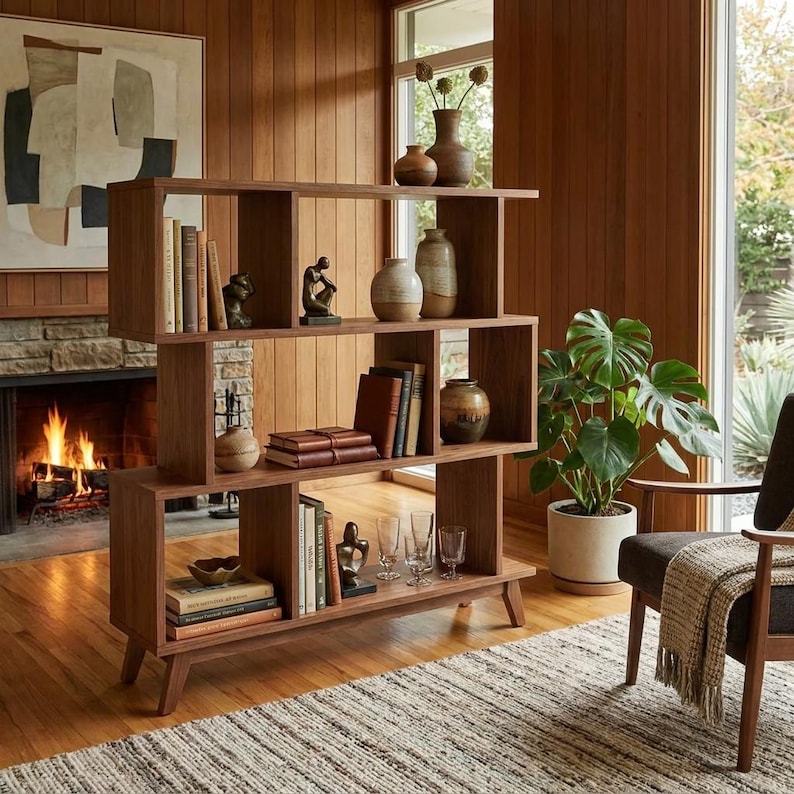 DIY Mid-Century Modern Bookshelf Plans | Geometric Asymmetrical Bookcase Blueprint (PDF Download) Woodworking Blueprint - Step-by-Step Plan thumbnail 4