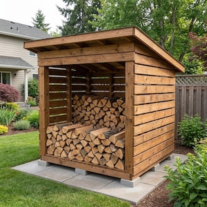 May include: A wooden log store with a pitched roof. The structure is made of horizontal wooden planks and is filled with neatly stacked firewood. The log store sits on a concrete base, surrounded by green grass and foliage. The wood is in logs.
