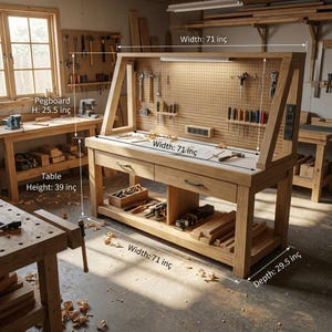 May include: A wooden workbench with a pegboard back and various tools. The workbench is 71 inches wide, 29.5 inches deep, and 39 inches high. The pegboard is 25.5 inches high. The workbench has drawers and a lower shelf for storage.