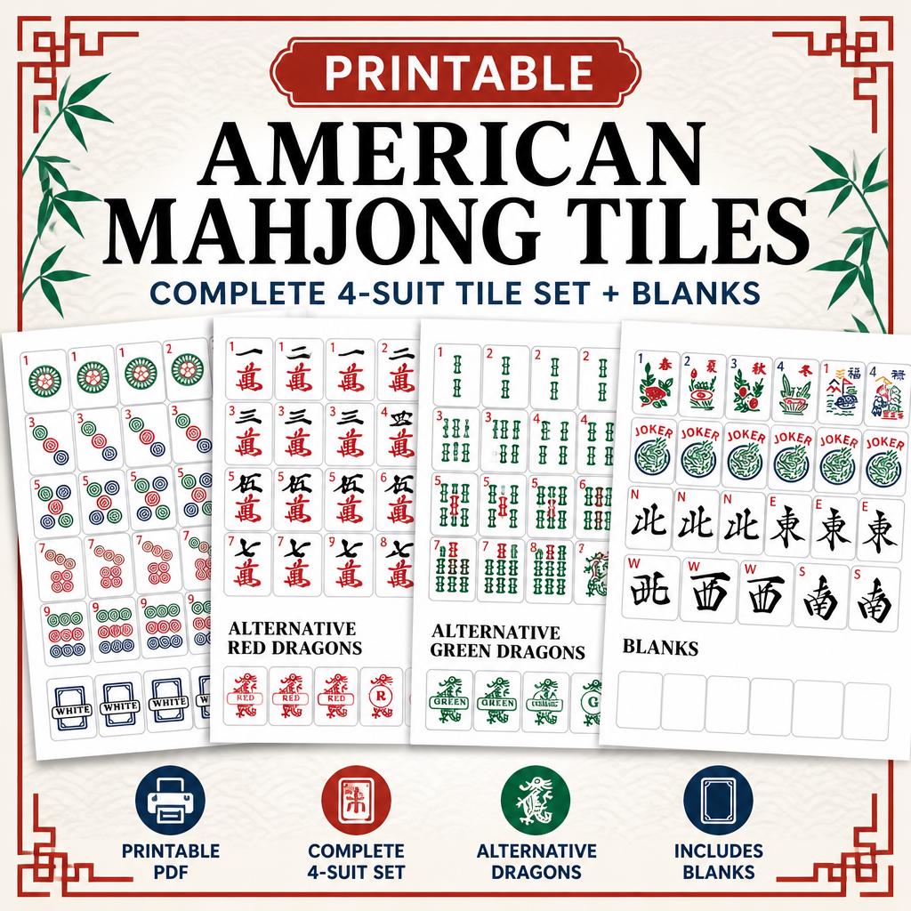 Printable American Mahjong Tiles PDF | Complete 4-Suit Set (Digital Download)