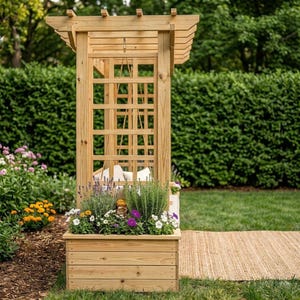 May include: A wooden garden arbor with a built-in planter box filled with colourful flowers and greenery. The arbor has a lattice design and a swing inside. The structure is made of light-coloured wood and is set in a garden.