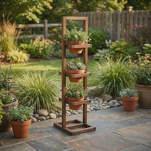 May include: A tall, wooden plant stand with four levels, each holding a terracotta pot filled with greenery and flowers. The stand is stained a warm brown and is set on a stone patio in a garden setting. The plants include herbs and succulents.