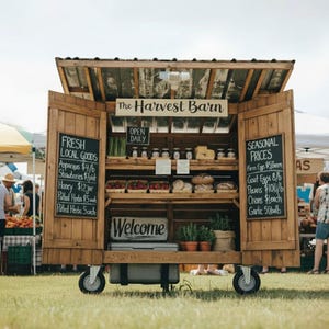 Puede incluir: Un puesto de granja de madera r&uacute;stica sobre ruedas, que exhibe productos frescos y productos horneados. El letrero dice "The Harvest Barn" y enumera "Fresh Local Goods" y "Seasonal Prices". El puesto est&aacute; abierto todos los d&iacute;as y tiene un letrero de "Welcome".