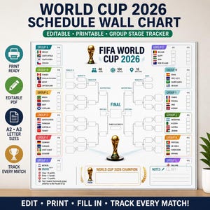 Può includere: Un tabellone murale per il calendario della Coppa del Mondo 2026 bianco con un tabellone del torneo, tracker della fase a gironi etichettati da A a L con bandiere nazionali e illustrazioni di trofei dorati. Il documento include testo modificabile.