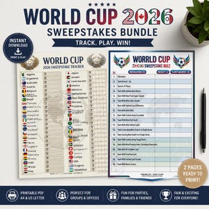May include: A World Cup 2026 sweepstakes bundle featuring two printable pages. One page is a sweepstakes tracker with a list of countries and flags, and the other is a sweepstakes rule sheet with nineteen categories for tracking tournament results.