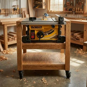 May include: A yellow and black DeWalt table saw mounted on a custom-built wooden workbench with four caster wheels. The workbench features a lower storage shelf and a sturdy frame constructed from light-coloured wood, positioned in a workshop.