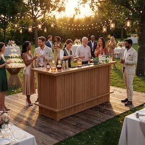 May include: A rectangular wooden bar counter with vertical slats, positioned on a wooden deck. The bar features a flat top surface holding various glass decanters, bottles of spirits, and a cocktail shaker, with a person preparing drinks behind it.