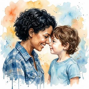 May include: A watercolour painting depicting a smiling person and a child, noses touching. The person wears a blue plaid shirt, the child a blue t-shirt. The background has orange, blue, and yellow watercolour washes.