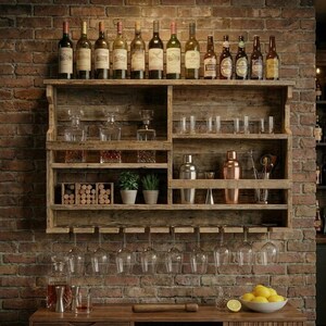 Puede incluir: Un estante de bar de madera r&uacute;stica con m&uacute;ltiples compartimentos, que contiene botellas de vino, cristaler&iacute;a, cocteleras y plantas. La unidad est&aacute; montada en una pared de ladrillo, con copas de vino colgando debajo.
