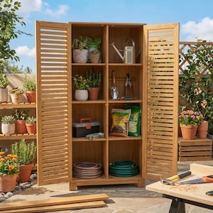 Può includere: Un mobile da giardino in legno con ante a persiana, pieno di forniture per il giardinaggio. All'interno ci sono piante in vaso, attrezzi, sacchi di terriccio e un annaffiatoio. Sono visibili anche un tubo flessibile arrotolato e una cassetta degli attrezzi.