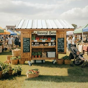 Puede incluir: Un puesto de madera de Harvest Barn en un mercado de agricultores, que exhibe productos frescos y productos locales. Cestas de frutas y verduras en primer plano. El puesto tiene un techo de metal blanco y pizarras con precios.