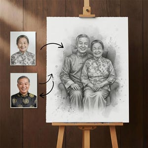 May include: A pencil sketch portrait of an elderly couple seated together, with two smaller portraits of each person. The couple is dressed in traditional Asian attire. The artwork is displayed on an easel against a wooden background.