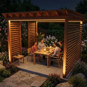 May include: A wooden pergola with integrated lighting illuminates a dining area. A square wooden table is set for a meal, surrounded by chairs. Four people are seated at the table. The scene is set in a garden with lush greenery and flowers.