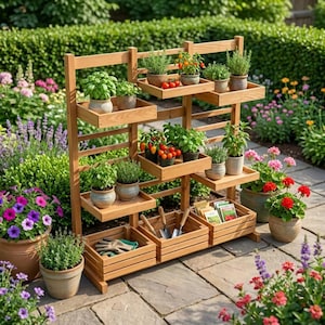 Puede incluir: Un estante de plantas de madera con múltiples estantes y cajas, lleno de hierbas en macetas, tomates y herramientas de jardinería. El estante está al aire libre, rodeado de exuberante vegetación y flores coloridas, creando una vibrante exhibición de jardín.