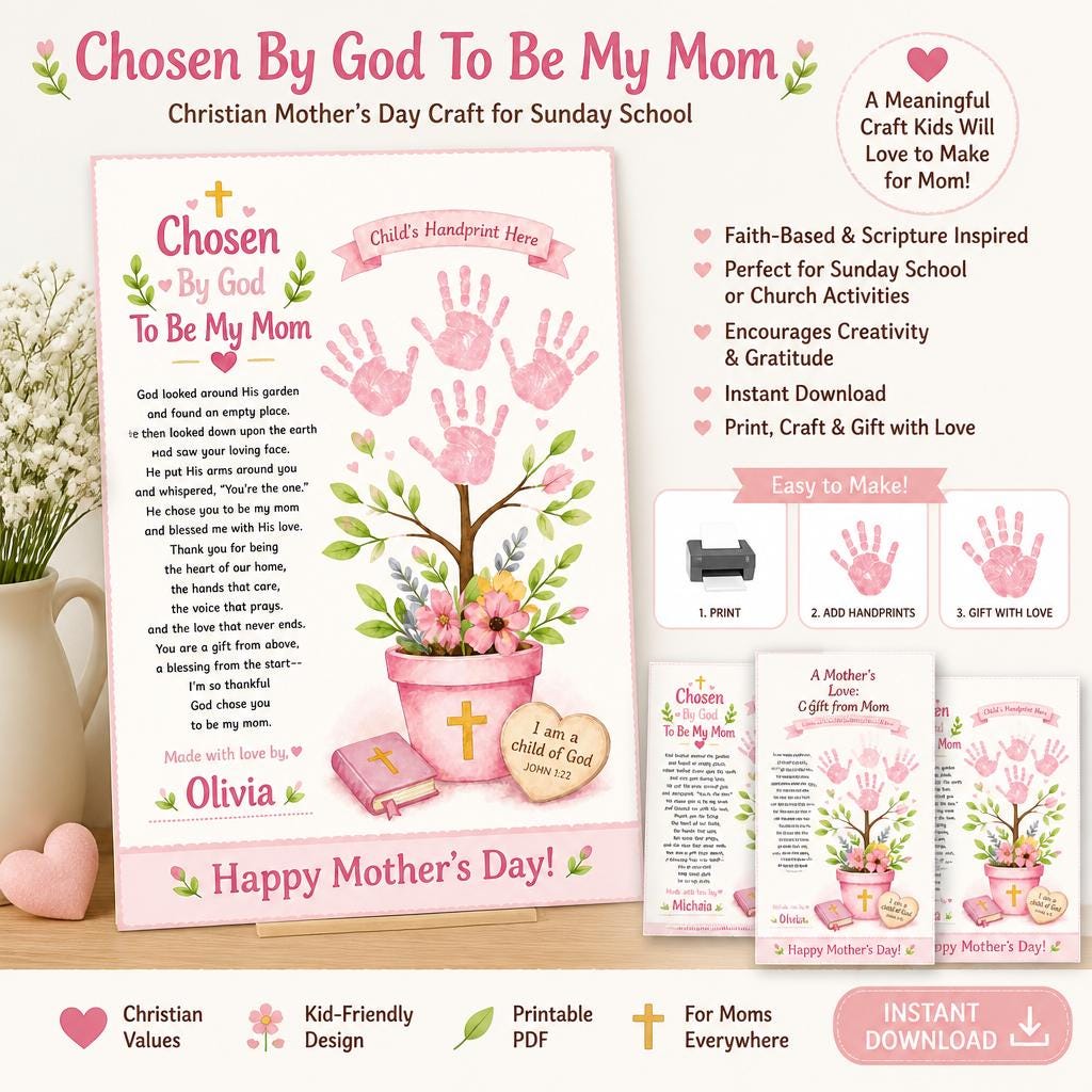 Christian Mother's Day Handprint Craft Printable | God Picked You to Be My Mom | Sunday School Activity | Faith Keepsake PDF