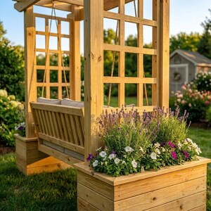 May include: A wooden garden swing with a lattice frame and integrated rectangular planters. The planters contain purple lavender and white and purple flowers. The swing features a slatted backrest and seat, suspended by ropes from the overhead structure.