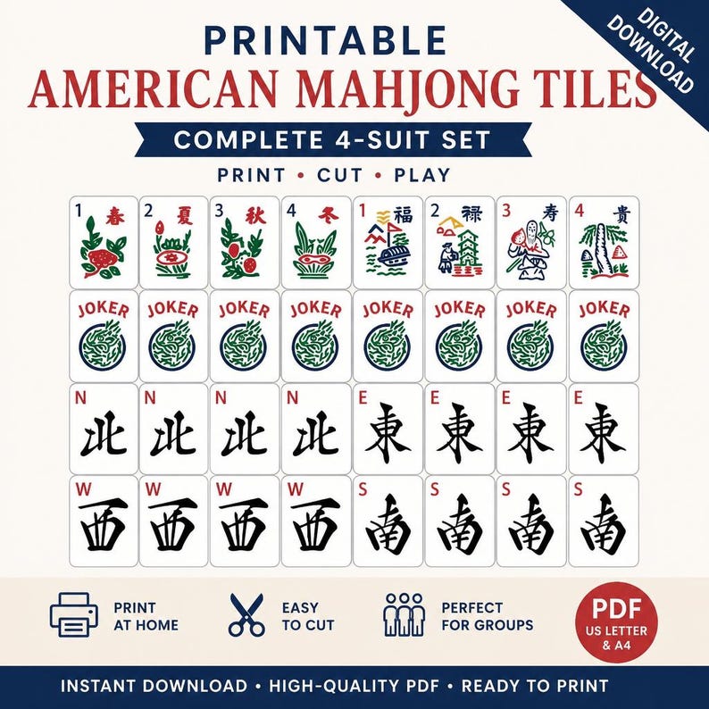 DIY Printable American Mahjong Tiles PDF | NMJL Practice Set Color & Black White | Digital Mah Jongg Tile Download | Bulk Cut Woodworking Blueprint - Step-by-Step Plan thumbnail 5
