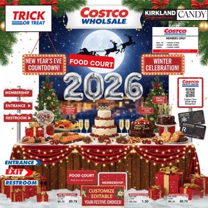 Peut inclure: Publicit&eacute; festive Costco pour le Nouvel An 2026, avec une table d&eacute;cor&eacute;e de nourriture, de g&acirc;teaux et de cadeaux. L'image comprend du texte comme "Trick or Treat", "Food Court" et "Winter Celebration!"