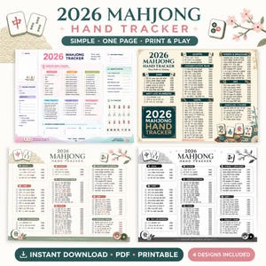 May include: A collection of printable Mahjong hand trackers for 2026. The designs include various layouts for tracking game progress, including quint combinations, winds, and dragons. The trackers are available as instant PDF downloads.