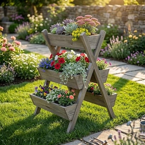 May include: A three-tiered wooden planter filled with colourful flowers and succulents. The planter has an X-shaped frame and is set on a grassy lawn. The flowers include red, white, blue, yellow, and purple blooms. The planter is approximately 91 cm tall.