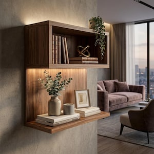 May include: A modern, two-tiered wooden shelf unit with built-in lighting. The top shelf displays books and a gold sculpture, while the lower shelf features a vase with greenery, a candle, and framed art. The shelves are mounted on a textured wall.