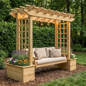 May include: Wooden pergola with a swing bench, fairy lights, and built-in planters filled with flowers. The bench has beige cushions and patterned throw pillows. The structure is set in a garden.