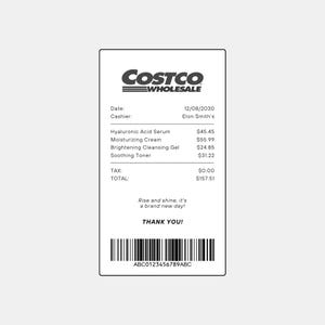 Peut inclure: Re&ccedil;u de Costco Wholesale avec le logo de l'entreprise en haut. La facture d&eacute;taille des produits de soin de la peau tels que le s&eacute;rum &agrave; l'acide hyaluronique, la cr&egrave;me hydratante et le toner apaisant. Le total est de 157,51 $. Le re&ccedil;u comprend le texte "Rise and shine, it's a brand new day!" et "THANK YOU!"