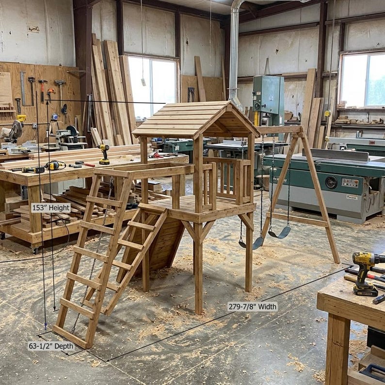 DIY DIY Wooden Playhouse Plans with Slide and Swings | Backyard Kids Playground | Step-by-Step PDF Woodworking Blueprint - Step-by-Step Plan thumbnail 2