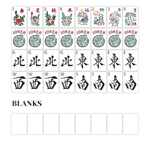 May include: A set of Mahjong tiles with various symbols and characters. The tiles feature illustrations of flowers, plants, and other designs. The word "JOKER" is printed on some tiles, along with Chinese characters. The bottom row of tiles reads "BLANKS".