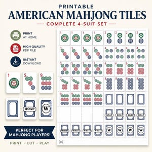May include: Printable American Mahjong Tiles set with a complete 4-suit set. The tiles are white with red, green, and blue symbols. Includes tiles with the words "SOAP" and "WHITE". The text "PRINT AT HOME", "HIGH QUALITY PDF FILE", and "INSTANT DOWNLOAD" is also visible.