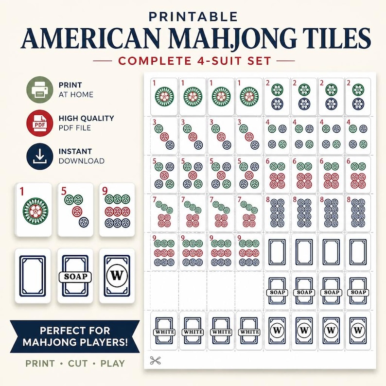 DIY Printable American Mahjong Tiles PDF | NMJL Practice Set Color & Black White | Digital Mah Jongg Tile Download | Bulk Cut Woodworking Blueprint - Step-by-Step Plan thumbnail 2