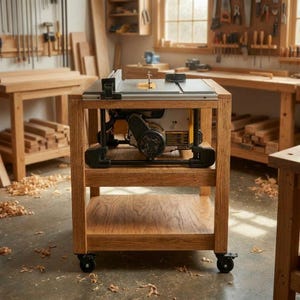 May include: A table saw mounted on a custom-built wooden mobile workbench with two shelves. The workbench is constructed from light-coloured wood and features four black caster wheels at the base, allowing for movement within a workshop environment.