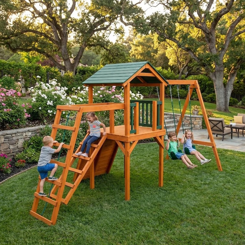 DIY DIY Wooden Playhouse Plans with Slide and Swings | Backyard Kids Playground | Step-by-Step PDF Woodworking Blueprint - Step-by-Step Plan thumbnail 4