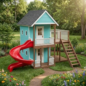 May include: A two-story playhouse with a teal exterior, white trim, and a black roof. It features a red slide, a wooden staircase, and white railings. The playhouse is set in a grassy yard with a path and colorful flowers.
