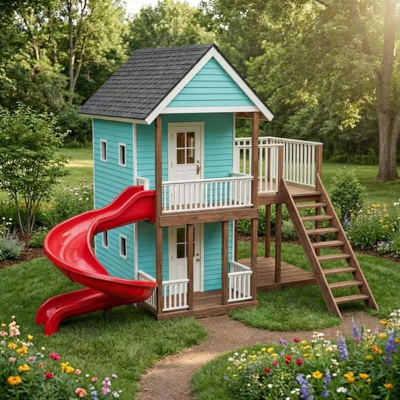 DIY DIY Playhouse Plans: 2-Story Elevated Kids Clubhouse, Backyard Fort Playground (PDF Download) Woodworking Blueprint - Step-by-Step Plan thumbnail 2