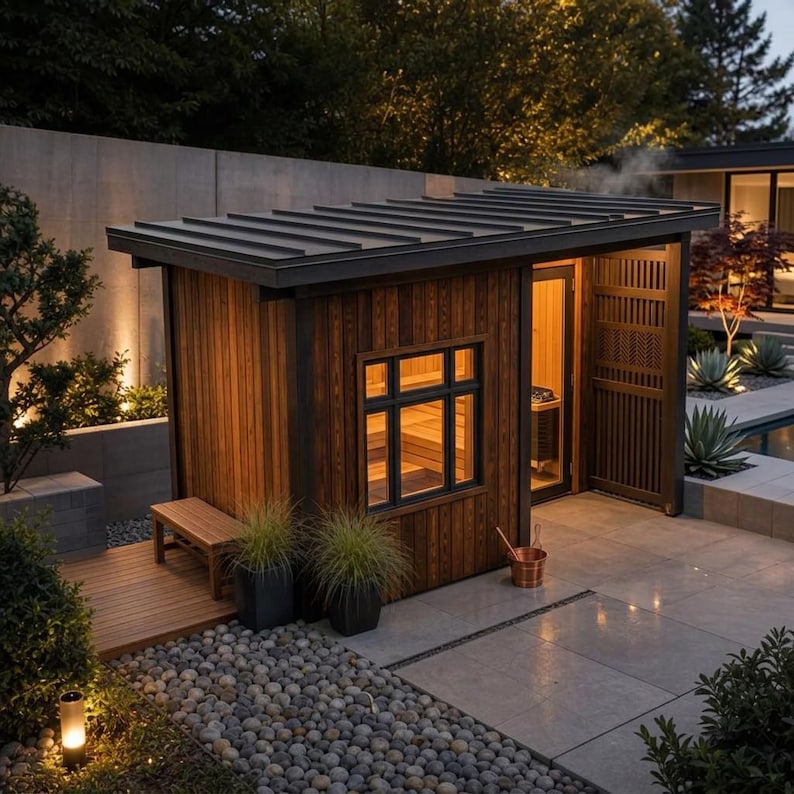 DIY Modern Outdoor Sauna Plans | DIY Cedar Backyard Sauna With Window (PDF Download) Woodworking Blueprint - Step-by-Step Plan thumbnail 1
