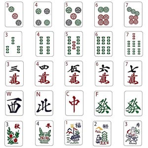 May include: A complete set of Mahjong tiles, featuring various suits, numbers, and characters. The tiles are white with black, red, green, and blue symbols. The set includes circles, bamboo, characters, winds, dragons, and jokers.