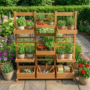 Op de afbeelding: Een houten plantenstandaard met meerdere niveaus, gevuld met kruiden in potten en kleine tomatenplanten. De standaard heeft meerdere planken en drie onderste opbergdozen. Tuingereedschap en zaadzakjes zijn zichtbaar in de dozen. De standaard staat buiten, omringd door groen.