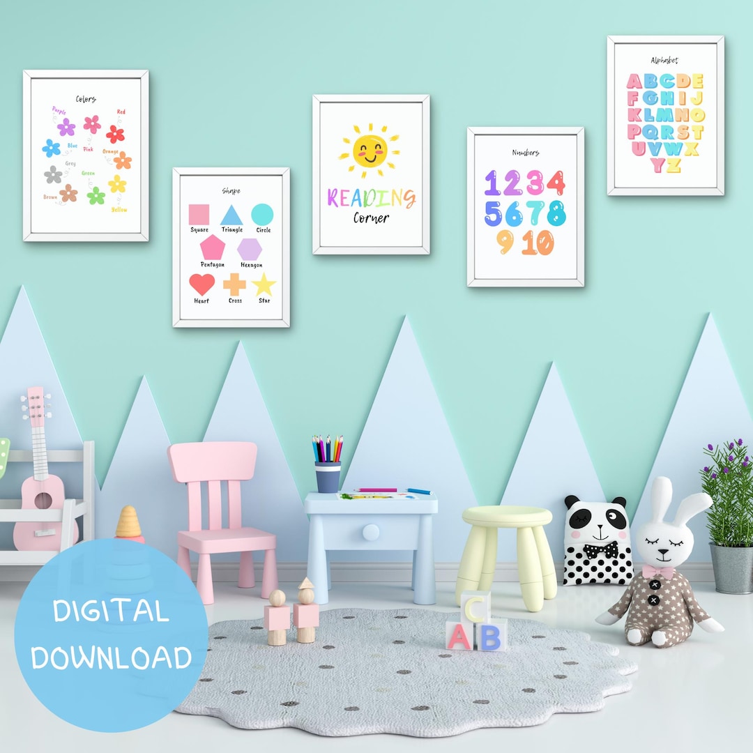 Set of 12 Educational Posters, Toddler Playroom Decor, Rainbow Kids ...