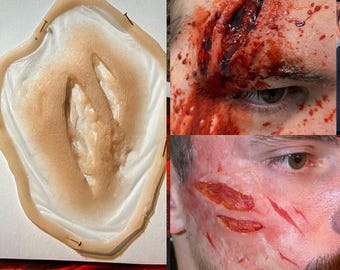 May include: A prosthetic wound appliance with a realistic skin tone and a deep laceration. The image also shows examples of the prosthetic applied to a face, simulating severe cuts and injuries with blood.